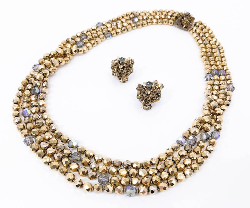 Eugen | 1950Er Jahre Bronze Kristall Kette & Ohrringe Set 50Er Abend Schmuck Gold Halskette von GlennasVintageShop