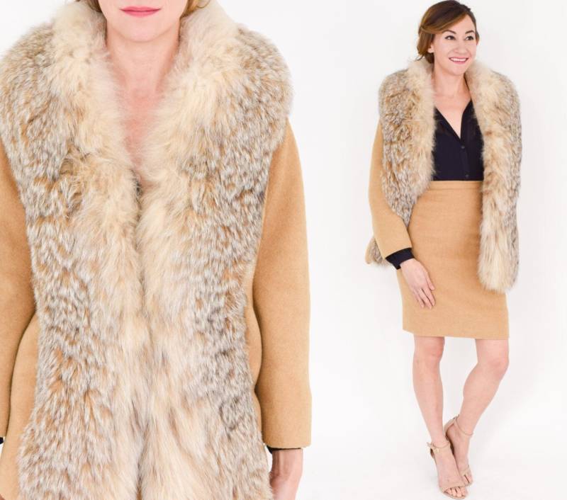 Lilli Ann | 1960Er Jahre Wollanzug 60Er Camel Fuchspelz Jacke & Bleistiftrock Extraklein von GlennasVintageShop