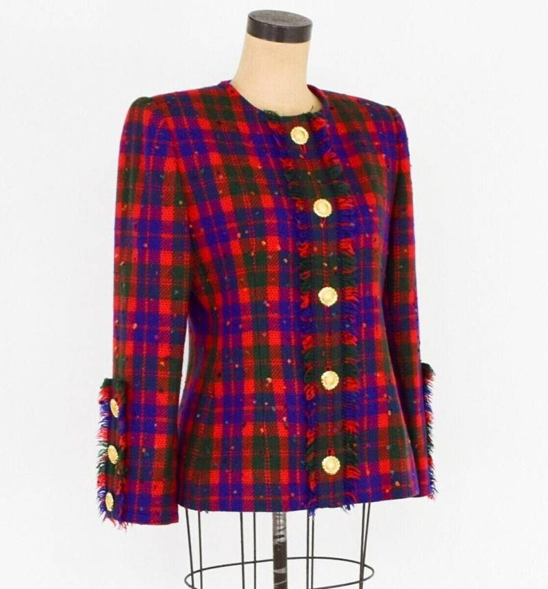 Perlmut | 1980Er Jahre Lila & Rot Karierte Wolljacke 80Er Rot Karierter Blazer Mittel von GlennasVintageShop