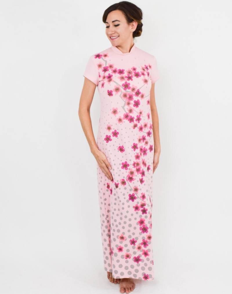 Shaheen | 1970Er Jahre Rosa Geblümtes Maxi Kleid Pink Floral Polka Dot Print Alfred Mittel von GlennasVintageShop
