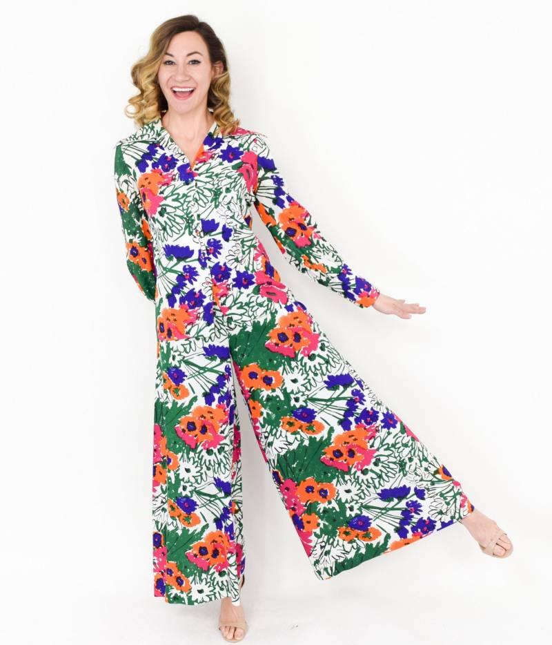 Vera | 1970Er Jahre Floral Palazzo Hose & Bluse Set 70Er Blumen Print Top Mit Weitem Bein Vera Mittel von GlennasVintageShop