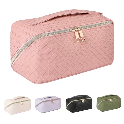 Gleyemor Reise-Make-up-Tasche, große Kapazität, Kosmetiktasche für Damen, wasserdicht, tragbar, offen, flach, Kulturbeutel, Make-up-Organizer mit Trennwand und Griff, Pink von Gleyemor