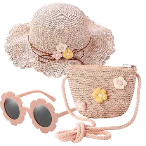 GlibberToy Strohhut Und Kleine Tasche Sonnenblume Sonnenbrille Set 3 Stück,Sommer Sonnenhut Kinder,Sonnenhüte Stroh Gewebt Mini Umhängetasche Kinder-Sonnenschutz-Set Für Kids von GlibberToy