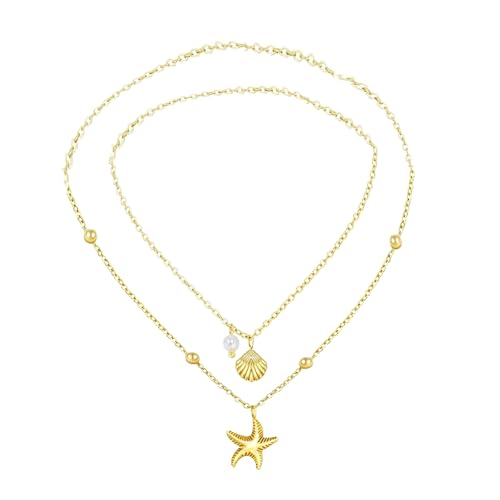 GlimmerStyle 1 Goldene Seesternmuschel Doppelkette + 1 7 * 7 * 1,5 cm Schwarze Himmels- Und Erdabdeckung,Schmuck,Kette,Halskette Damen von GlimmerStyle