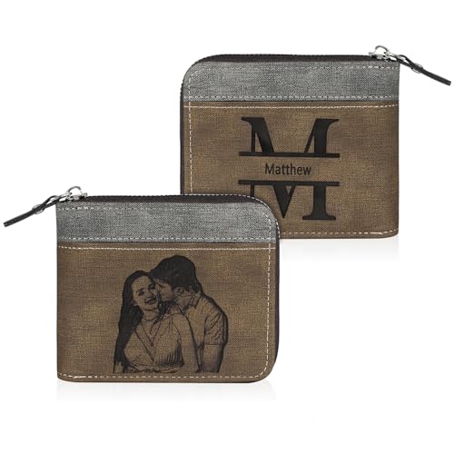 Glimmerday Personalisiertes Foto, gravierte Leder-Herren-Geldbörse mit Reißverschluss, personalisierte Geschenk-Geldbörse für Männer, Faltbare Geldbörse mit Personalisierten Initialen von Glimmerday