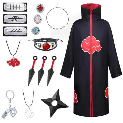Glimnerize Akatsuki Uchiha Itachi Cosplay Kostüm Komplettset - Umhang Mantel mit Zubehör für Kinder Erwachsene Unisex 15 Teile Inkl XL von Glimnerize