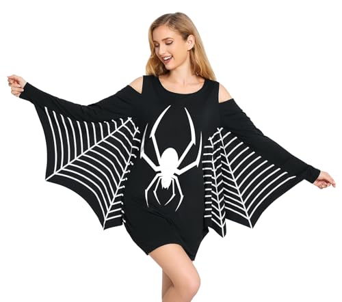 Glimnerize Halloween Damen Geist Motiv Kleid Kürbis Druck Langärmliges Fledermaus Kleid Fledermausflügel Design Kostüm Fledermaus spinnenartiges Muster2 L von Glimnerize