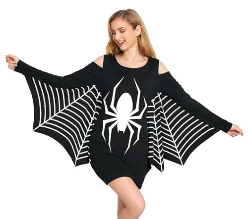 Glimnerize Halloween Damen Geist Motiv Kleid Langärmliges Fledermaus Kleid Kürbis Druck Fledermausflügel Design Kostüm Fledermaus spinnenartiges Muster3 M von Glimnerize