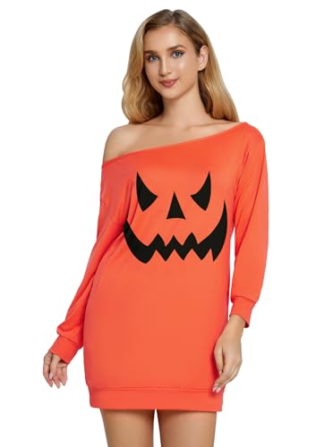 Glimnerize Halloween Damen Karneval Skelett Druck Shirt Schulterfrei 3/4 Arm Langarmshirt Oberteil Schulterfreies Orange Smiley L von Glimnerize