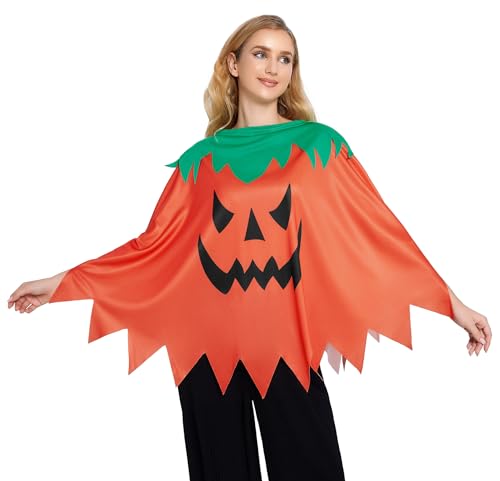 Glimnerize Halloween Damen Pumpkin Kürbis Mottoparty Cosplay Kürbis Kostüm Damen Kürbis Umhang Umhangdesign Lächelnd Orange Kostüm Poncho von Glimnerize