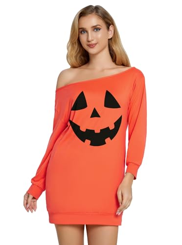 Glimnerize Halloween Damen Röcke Kürbis Druck Shirt Oberteil 3/4 Arm Langarmshirt Schulterfrei Schulterfreies Orange Smiley XXL von Glimnerize