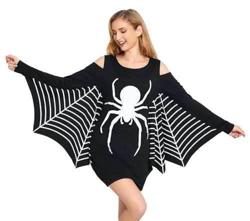 Glimnerize Halloween Damen Skelett Aufdruck Angenehm Kleid Fledermausflügel Design Kostüm Langärmliges Fledermaus Kleid Kürbis Druck Fledermaus spinnenartiges Muster1 M von Glimnerize