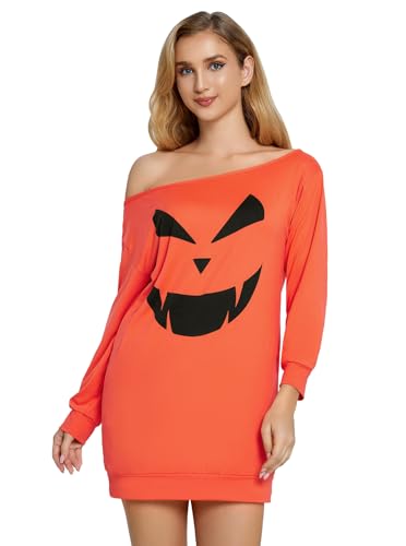 Glimnerize Halloween Damen Skelett Druck Karneval Shirt 3/4 Arm Schulterfrei Langarmshirt Oberteil Schulterfreies Orange Smiley XL von Glimnerize