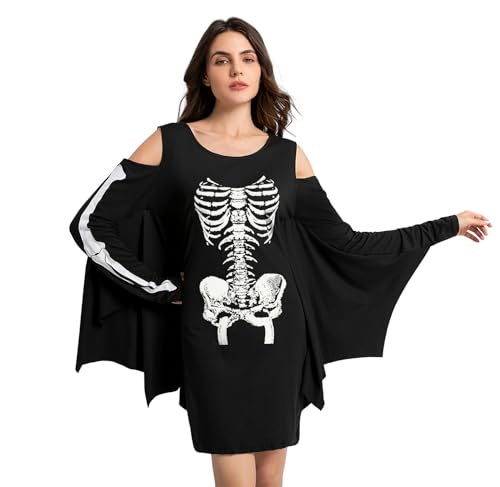 Glimnerize Halloween Damen Totenköpfe Kleid Fledermausflügel Design Kostüm Langärmliges Fledermaus Kleid Kürbis Druck Fledermaus Skelett M von Glimnerize