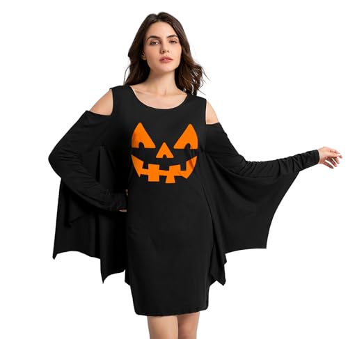 Glimnerize Halloween Damen Totenköpfe Kleid Kürbis Druck Langärmliges Fledermaus Kleid Fledermausflügel Design Kostüm Fledermaus Kürbislaterne L von Glimnerize