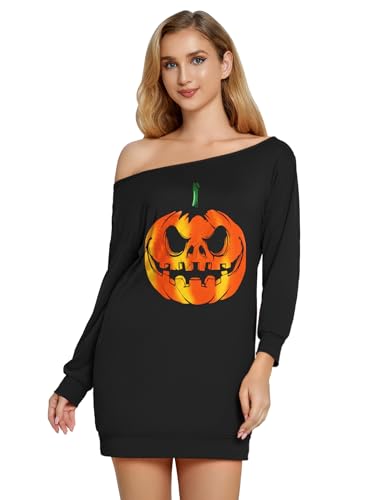 Glimnerize Halloween Damen Tunika Top Kostümparty Shirt 3/4 Arm Schulterfrei Langarmshirt Oberteil Schulterfreies Schwarz Kürbis XL von Glimnerize