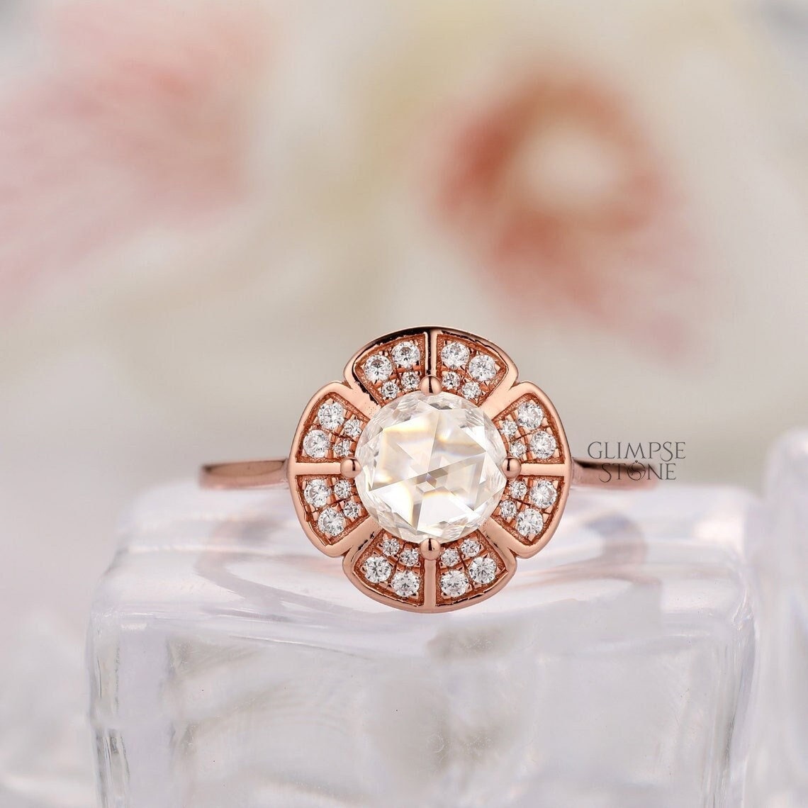 Runder Verlobungsring Im Rosenschliff Von 1, 75 Ct, Moissanit-Diamantring, Doppel-Halo-Ring, Hochzeitstag-Ring, Versprechensring von GlimpseStone