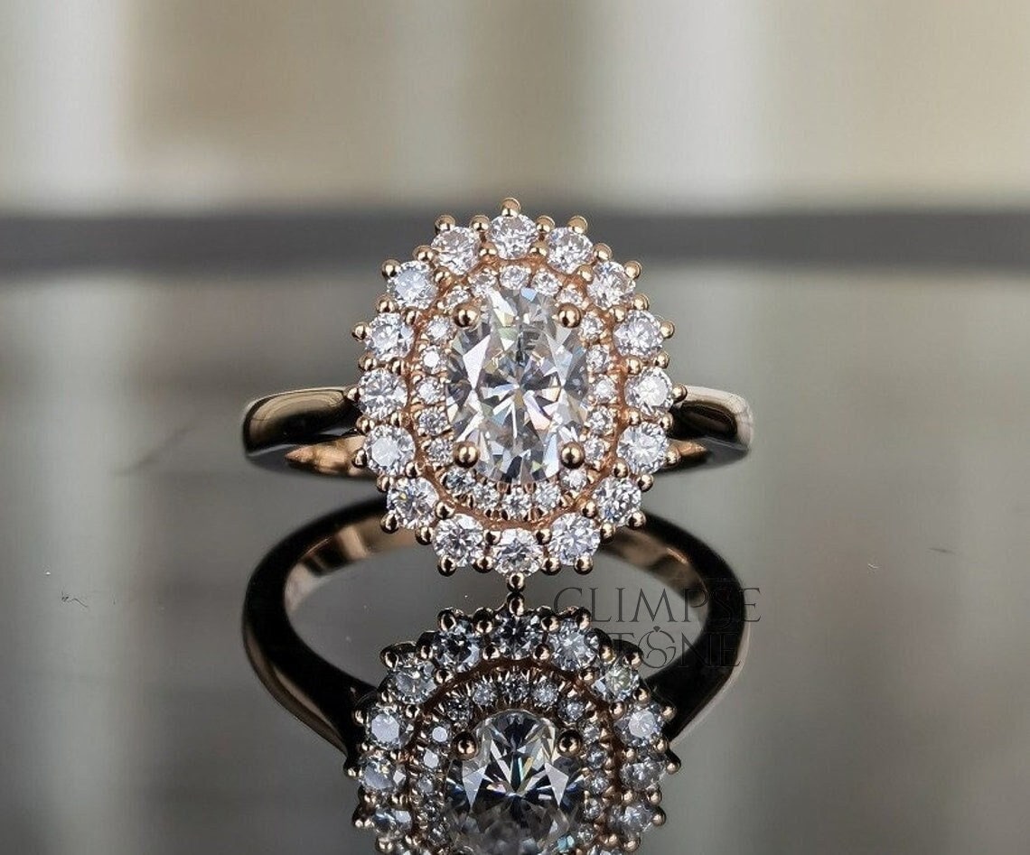 Ovaler Verlobungsring Mit 1, 86 Ct, Ovaler Diamant-Verlobungsring, Aus 18 Karat Gelbgold, Moissanit-Diamantring, Doppel-Halo-Ring von GlimpseStone