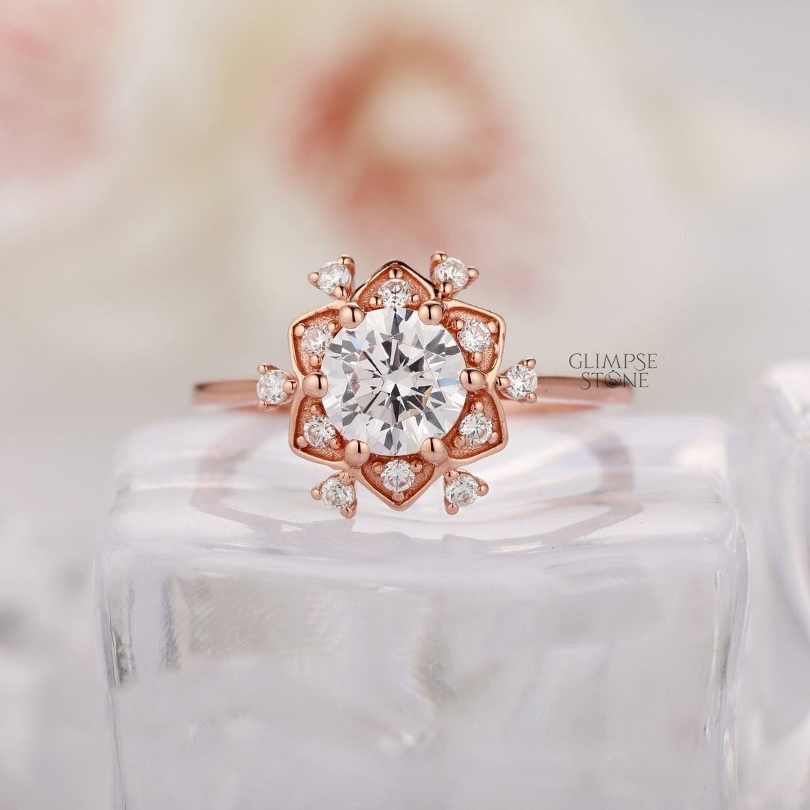 2.0Ct Runder Einzigartiger Verlobungsring 14K Roségold, Blumenring, Diamant Halo Floral Ring, Braut Ehering Für Frauen von GlimpseStone