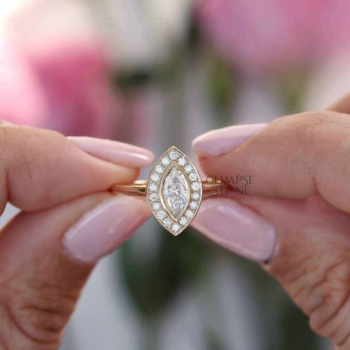 Marquise Halo-Verlobungsring, Ring Mit Lünettenfassung, 0, 95 Ct Marquise-Moissanit-Diamantring, Ehering Aus 18 Karat Gelbgold, Verlobungsring von GlimpseStone