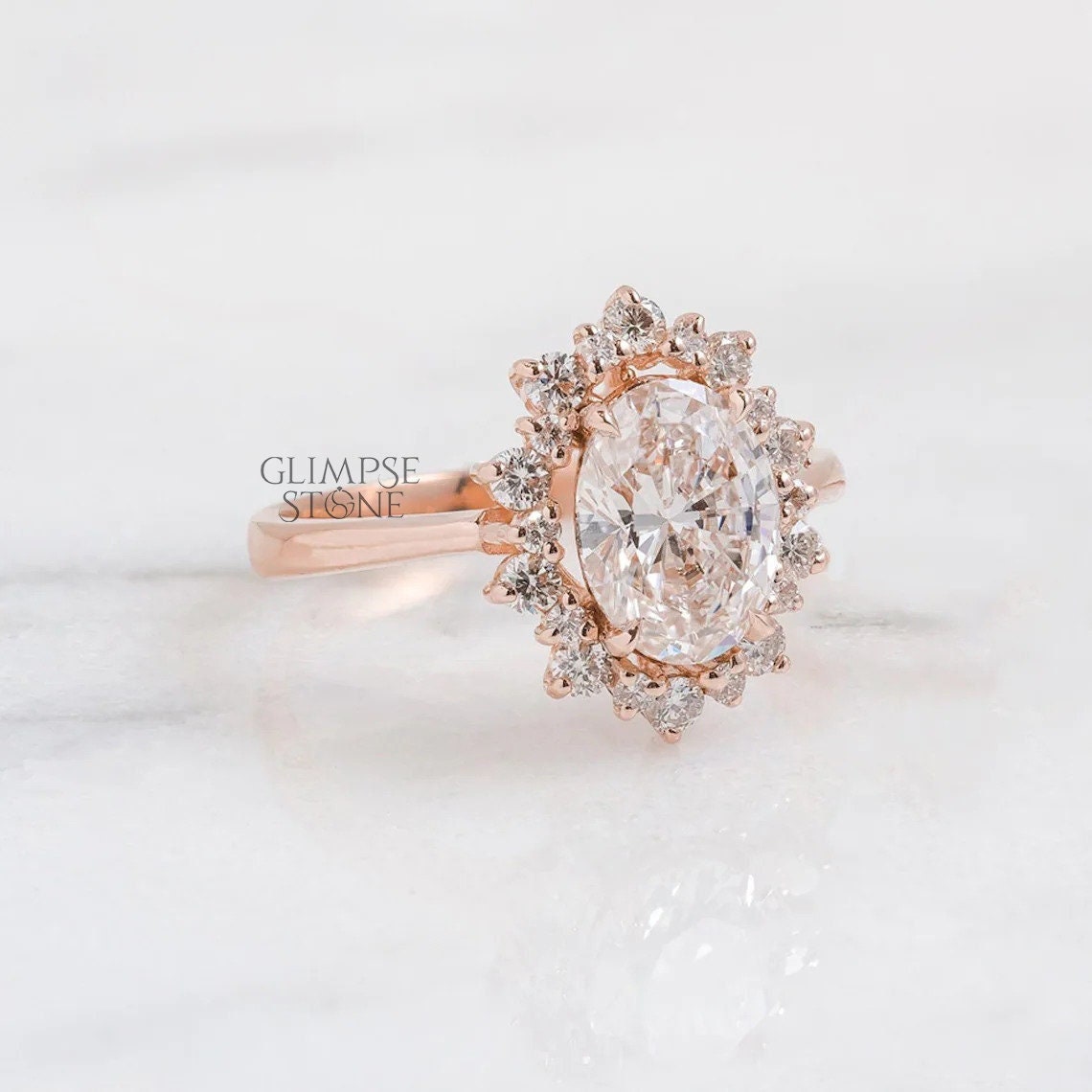 Ovaler Einzigartiger Halo-Verlobungsring, 1, 86 Ct Ovaler Moissanit-Diamantring, Cluster-Ring Aus 18 Karat Roségold, Jubiläumsring Im Blumenstil von GlimpseStone