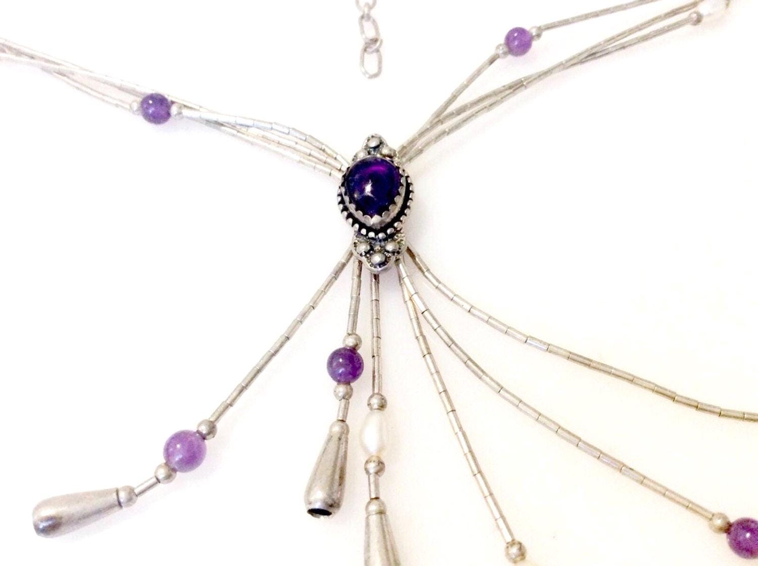 Vintage Sterling Silber 925 Amethyst Edelstein Südwestlichen Baumelnde Quaste Perlen-Halskette ~ Vintage Sterling Silber 925 Amethyst Edelstein Südwestlichen Baumelnde Quaste Perlen-Halskette ~ von GlimpseofArt