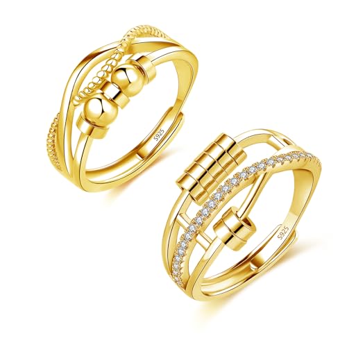Glintara 925 Sterling Silber Anxiety Ring, 1 Paar Silber Angst Rings Set für Damen, Offen Verstellbar Spinner Fidget Ringe, Unisex Dekompressionsringe Stressringe mit Perlen Partnerringe gegen Stress von Glintara