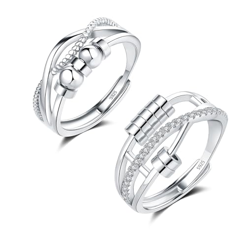 Glintara 925 Sterling Silber Anxiety Ring, 1 Paar Silber Anti Stress Ringe mit Perlen Set, Unendlichkeit Spinner Fidget Paar Ring, Offen Einstellbar Dekompressionsringe Partnerringe für Damen Unisex von Glintara