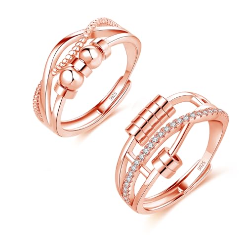 Glintara 925 Sterling Silber Anxiety Ring, 1 Paar Silber Verstellbar Anti Stress Ringe Set, Stressringe Spinner Fidget Partnerringe mit Perlen, Offen Einstellbar Stimmungsring gegen Angst für Unisex von Glintara