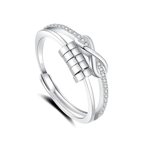 Glintara Anxiety Ring Silber, 925 Sterling Silber Angst Ring mit Perlen, Offen Einstellbar Anti Stress Ring, Unendlichkeit Spinner Fidget Ring mit Zirkon, Unisex Stressring Stimmungsring gegen Angst von Glintara