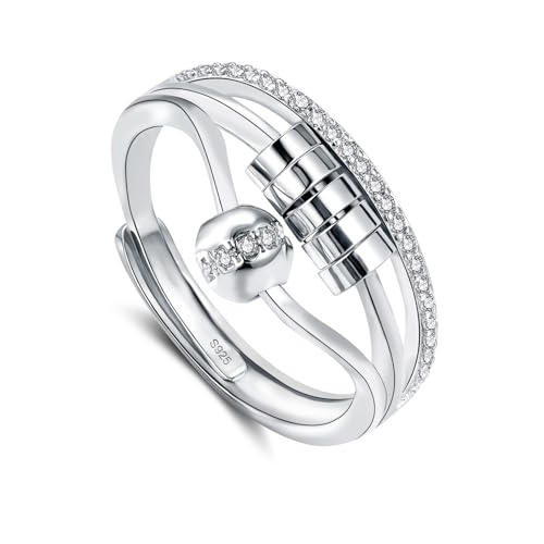 Glintara Anxiety Ring Silber 925, 925 Sterling Silber Anti Stress Ringe, Angst Ring für Anxiety Damen, Einstellbar Spinner Fidget Ringe, Stressring mit Zirkon Perlen, Stimmungsring gegen Stress Unisex von Glintara