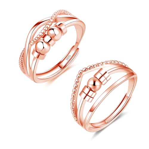 Glintara Anxiety Ring Silber 925 Damen, 2PCS 925 Sterling Silber Anti Stress Ringe Set, Spinner Fidget Paar Ringe mit 5 Perlen, Offen Einstellbar Anti-Angst Dekompressionsringe Stressringe für Unisex von Glintara