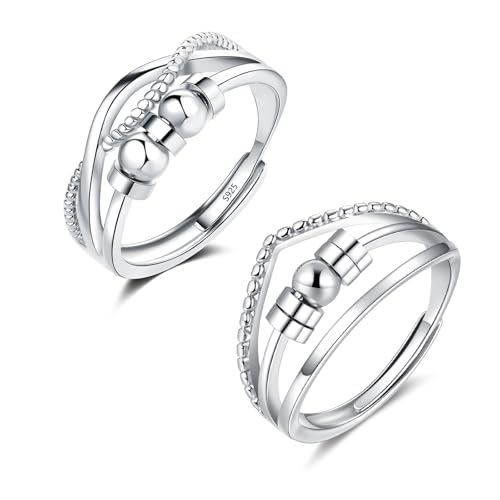 Glintara Anxiety Ring Silber 925 Damen, 2PCS Offen Einstellbar Anti Stressringe Set mit 5 Perlen, 925 Sterling Silber Angst Rings Unisex Spinner Fidget Ringe, Verstellbar Stimmungsring gegen Stress von Glintara