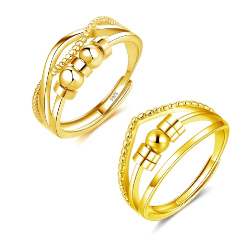 Glintara Anxiety Ring Silber 925 Damen, 2PCS Silber Anti-Angst Ringe mit Perlen Set, 925 Sterling Silber Spinner Fidget Partnerringe, Offen Einstellbar Stimmungsring Paar Ringe gegen Stress Unisex von Glintara