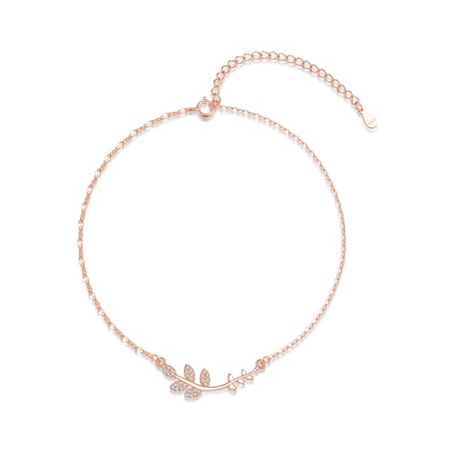 Glintara Fußkettchen Silber 925, Sillber Fussketten für Damen Mädchen, Verstellbar Fußketten mit Zweig + Blatte, Wasserfest Knöchel Armband, Sommer Barfuß Strand Fußspange Knöchel-Kette Fußschmuck von Glintara