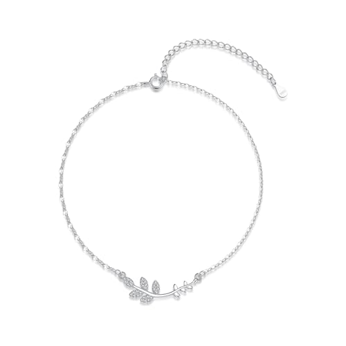 Glintara Fußkettchen Silber 925 Damen, 925 Sterling Sillber Zweig+Blatte Fussketten, Verstellbar Fußketten mit Blatt, Sommer Strand Knöchel Armband, Wasserfest Barfuß Fußspange Fußschmuck am Fußgelenk von Glintara