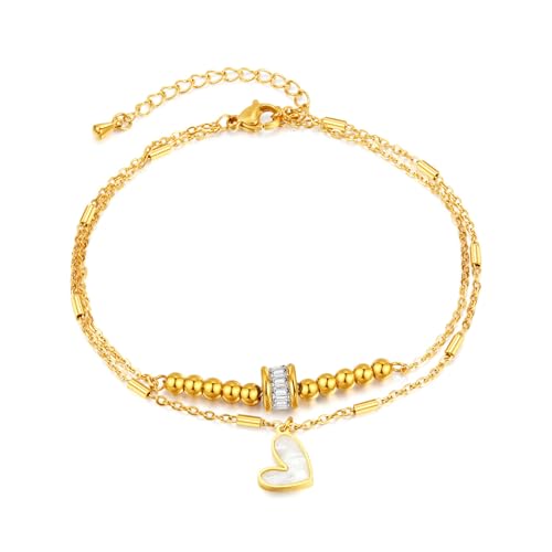 Glintara Fußkettchen für Damen Mädchen, Doppelte Fussketten für Frauen Gold, Wasserfester Herz Layered Fußkette, Flexibel Verstellbar Fusskette Knöchel Kette, Sommer Strand Fußschmuck mit Geschenkbox von Glintara