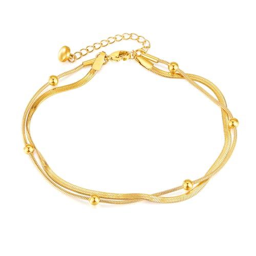 Glintara Fußkettchen für Damen Mädchen, Flexibel Verstellbar Doppelte Fusskettchen Gold, Sommer Strand Layered Fußkette mit Perlen, Wasserfest Barfuß Fußspange Knöchel Kette - Einfach Boho Fußschmuck von Glintara