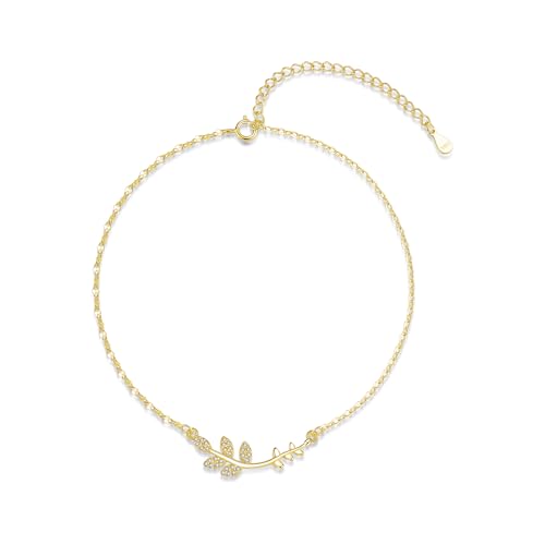 Glintara Fußkette Silber 925 Damen, Fußkettchen mit Zweig + Blatte, 925 Sterling Sillber Fusskettchen, Sommer Barfuß Strand Fussketten, Wasserfest Knöchel Armband Fußschmuck Verstellbar - 22 + 5 cm von Glintara