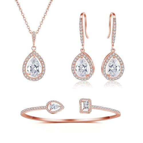 Glintara Hochzeit Schmuckset, Wassertropfen Halskette & Ohrringe Hängend & Armband Set, Hochzeit Schmuck Braut Set mit AAAAA Weiß Zirkonia, Tropfen Schmuck Set Brautschmuck für Braut Brautjungfern von Glintara