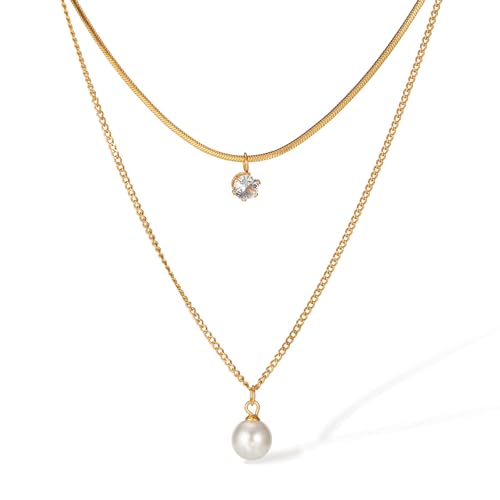 Glintara Layered Damen Kette, Perle Mehrreihige Halskette für Mädchen, Doppel Multilayer Perlenkette Lang mit Zirkonia, Wasserfest Layering Kette Gold, Hypoallergen Halskette Modeschmuck für Geschenk von Glintara