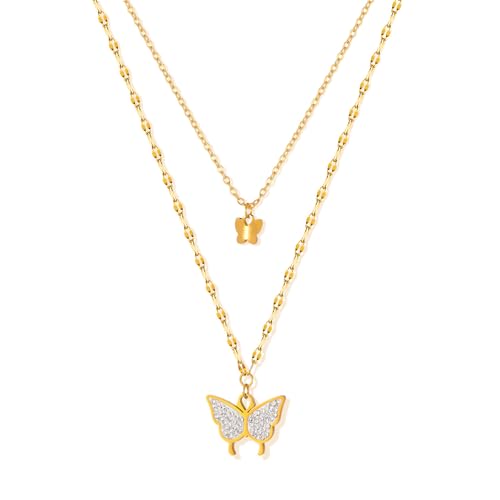Glintara Layered Damen Kette Gold, Doppel Multilayer Halskette mit Schmetterling, Mehrreihige Halsketten für Mädchen, Cubic Zirkonia Layering Kette Anhänger, Wasserfest Doppelkette mit Geschenk Box von Glintara