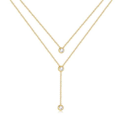 Glintara Layering Kette für Damen Mädchen, Lange Y - Layered Kette mit Cubic Zirkonia, Doppel Multilayer Halskette Zirkonia Anhänger, Zarte Mehrreihige Halskette Hypoallergen Doppelkette Modeschmuck von Glintara