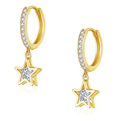 Glintara Ohrringe Silber 925 Hängend für Damen, 925 Sterling Silber Ohrringe Creolen mit Stern Anhänger, Kreolen Ohrhänger mit Cubic Zirkonia, Hängeohrringe Hypoallergene Ohrschmuck mit Geschenkbox von Glintara