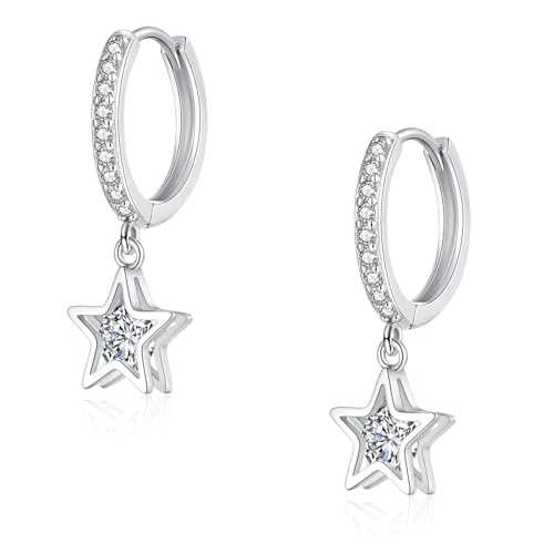 Glintara Ohrringe Silber 925 Hängend für Damen, Creolen Mit Stern Anhänger, Sterling Silber Ohrhänger, Hängeohrringe Mit Cubic Zirkonia, Hypoallergener Ohrschmuck Mit Geschenkbox von Glintara