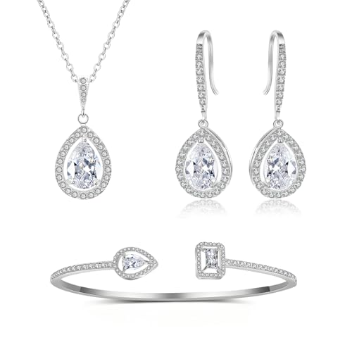 Glintara Schmuckset Damen Hochzeit, Wassertropfen Anhänger mit Silberkette & Haken Ohrringe Hängend & Armband Set, Tropfen Braut Schmuck Set mit 5A Weiß Zirkonia, Hochzeitsschmuck für Brautjungfern von Glintara