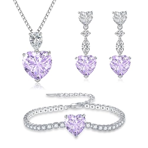Glintara Schmucksets Silber 925 Damen, 3PC SHerz Halskette Ohrringe Armband Set, Anhänger mit 45cm Kette & Hängeohrringe & Armkette, 925 Sterling Silber Schmuck Set mit Lila Zirkonia mit Geschenkbox von Glintara