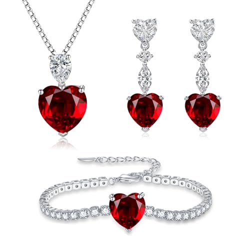 Glintara Schmucksets Silber 925 Damen, Herz Halskette Ohrringe Armband Set mit Rot Zirkonia, 3 Stück Anhänger mit 45cm Silberkette & Hängeohrringe & Armkette, Schmuck Set Geschenke für Mutter Freundin von Glintara