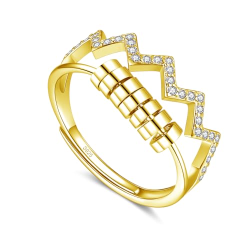 Glintara Silber Anxiety Ring, 925 Sterling Silber Anti Stress Ring, Offen Einstellbar Spinner Fidget Ring, Wellen Angst Ring mit Perlen Zirkon, Verstellbar Dekompressionsring für Anxiety Damen Mädchen von Glintara