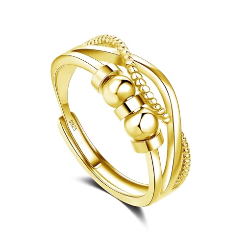 Glintara Silber Anxiety Ring für Damen, 925 Sterling Silber Anti Stress Ring, Offen Einstellbar Spinner Fidget Ring, Kreuz Angst Ring mit Perlen Band, Unisex Dekompressionsringe gegen Angst Stress von Glintara